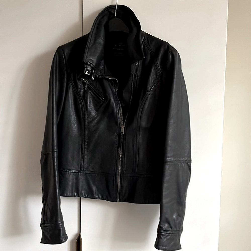 Super rare find! All Saints biker jacket in black leather with cowel collar US 8